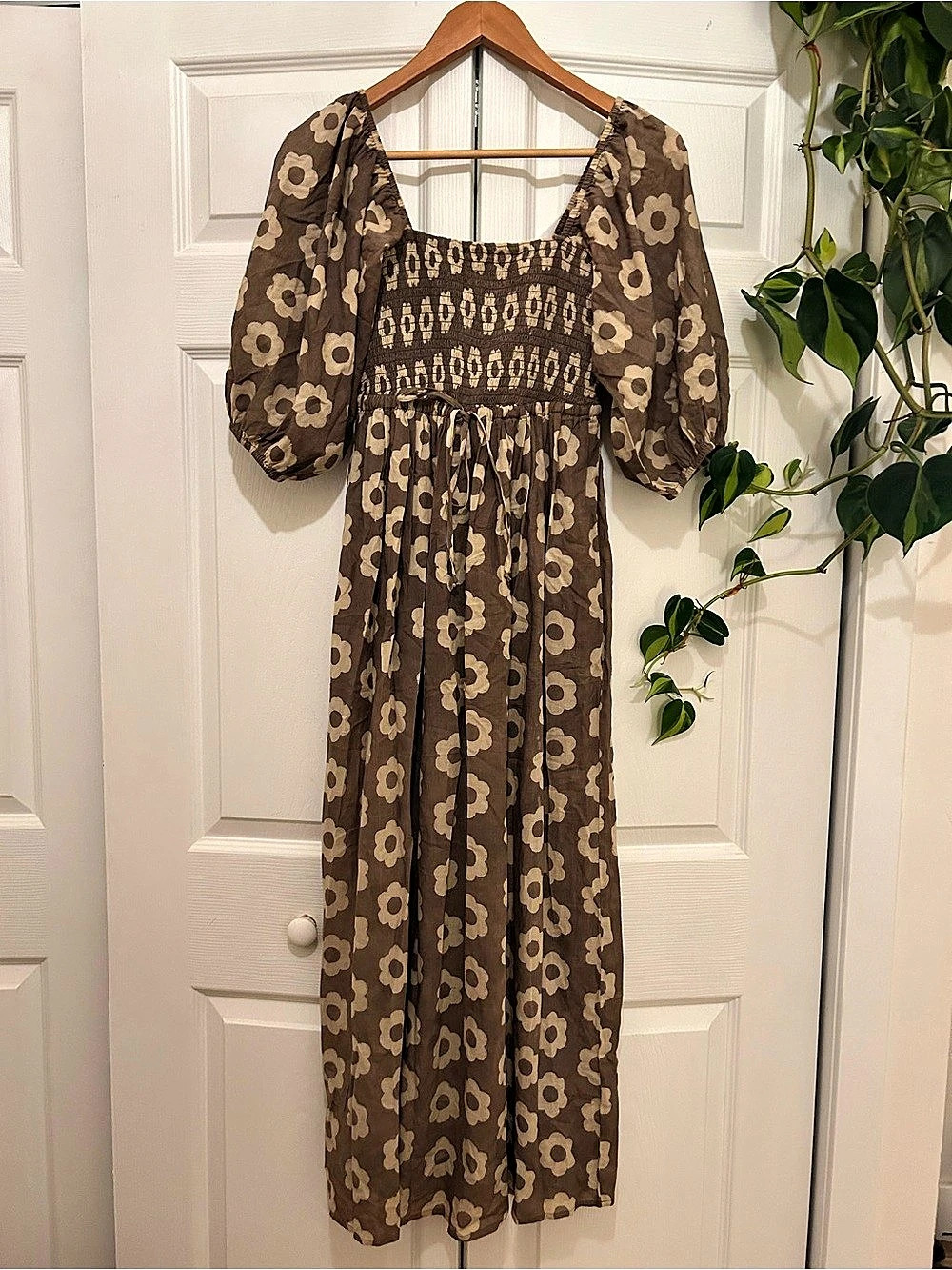 Christy Dawn The Dawn Dress Floral Puff Sleeve Maxi Dress in Brown & Cream Size